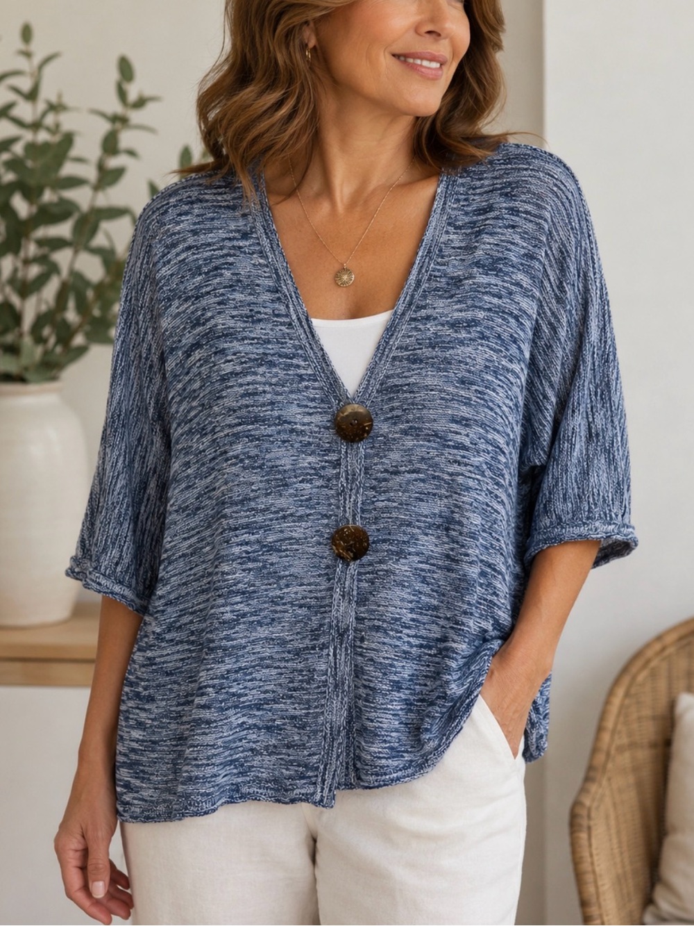 JM Collection Blue Marled V-Neck Button Cardigan